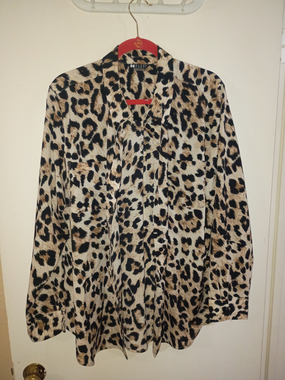 Black Label Leopard Print Button Up Long Sleeve Blouse - XL